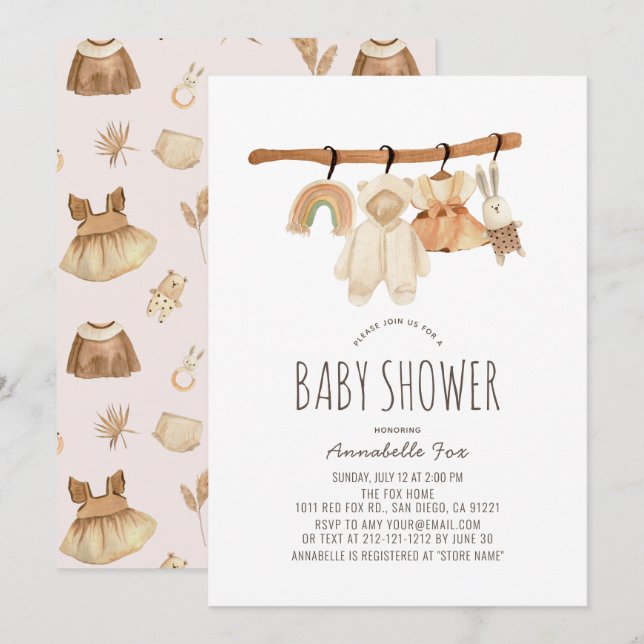 Boho Clothesline Girl Baby Shower-inbjudan Inbjudningar (Fram/baksida)