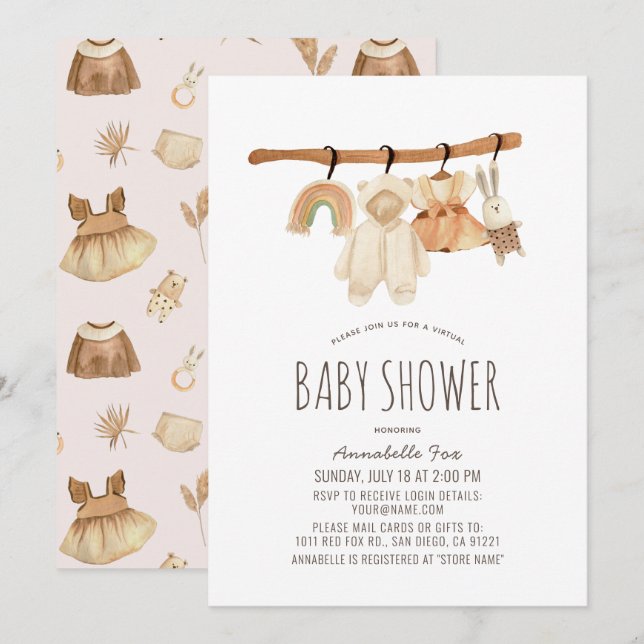 Boho Clothesline Girl Virtuell Baby Shower Inbjudningar (Fram/baksida)