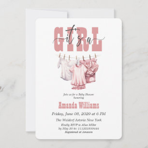 Boho Clothesline Rosa sin flicka Baby Shower Inbjudningar