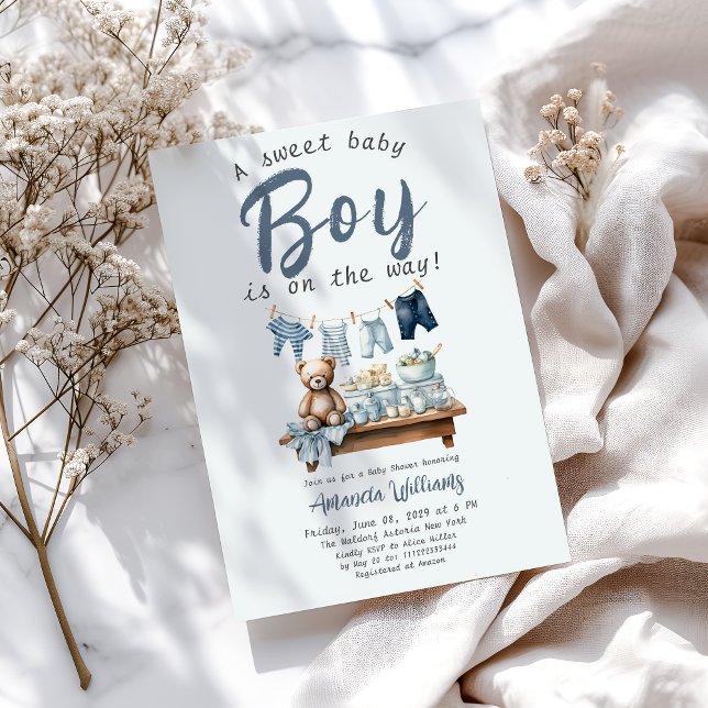 Boho Clothesline Sweet Blue Boy Shower Inbjudningar (Skapare uppladdad)
