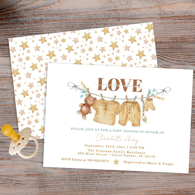 Boho Clothesline Watercolor Baby Shower Inbjudan (Love on the line a boho clothesline baby shower invite)