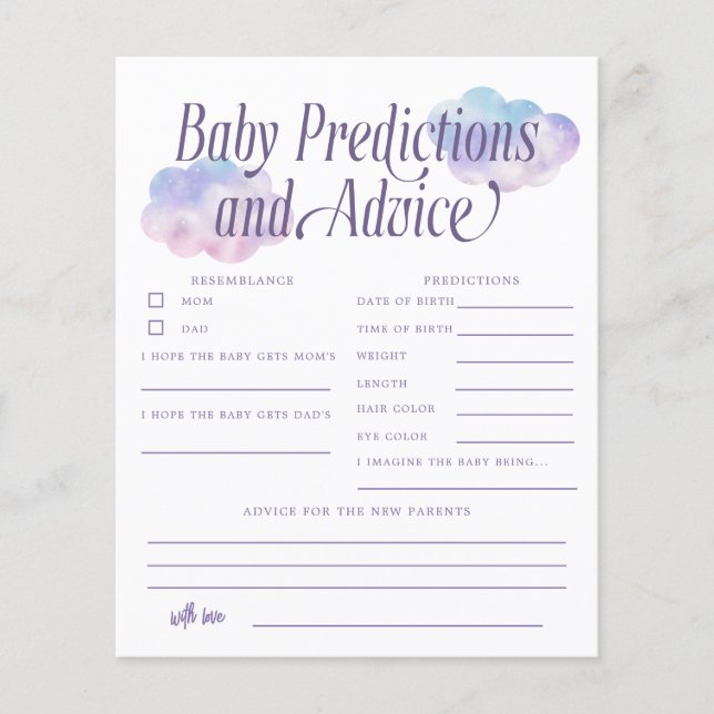 Boho Cloud Girl Baby Predications & Advice Card (Framsida)