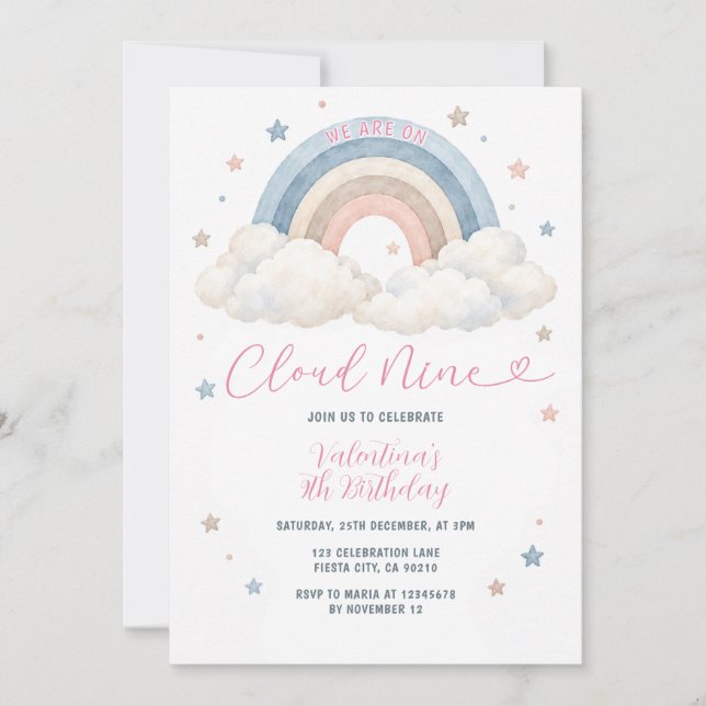 Boho Cloud Nine Pastell Regnbåge 9-års Födelsedags Inbjudningar (Framsida)