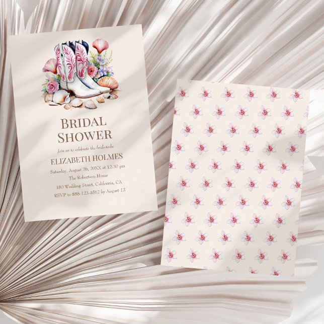 Boho Coastal Cowgirl Inbjudningskort för möhippan (Boho Coastal Cowgirl Bridal Shower Invitation on a white dry palm leaf.)