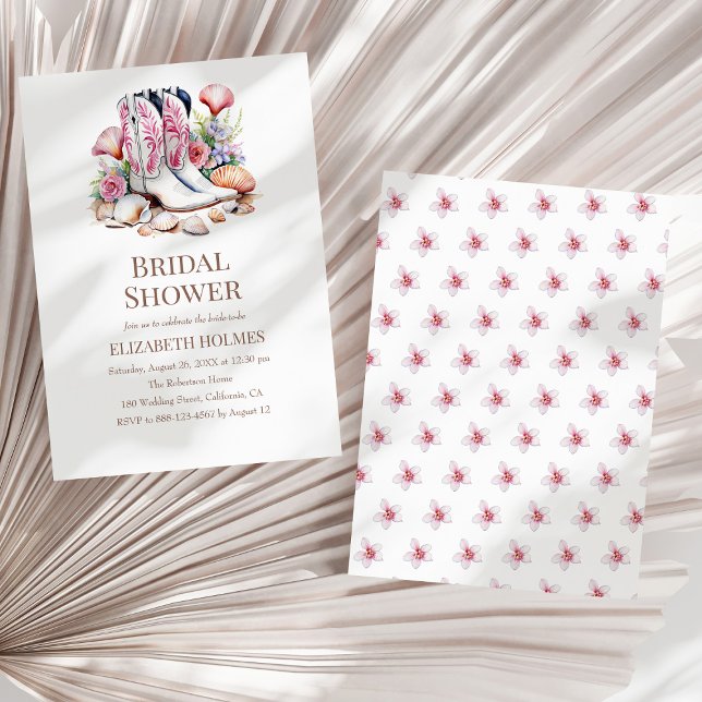 Boho Coastal Cowgirl Inbjudningskort för möhippan (Boho Coastal Cowgirl Bridal Shower Invitation on a sunny white dry palm leaf.)