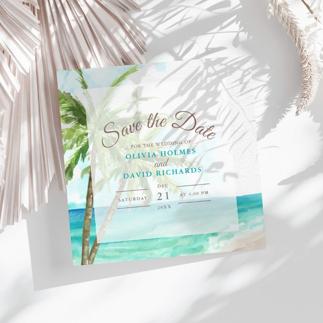 Boho Coastal Seaside Beach Wedding Spara datumet (Boho Coastal Seaside Beach Wedding Save the Date on a sunny table with dry palm leaf.)