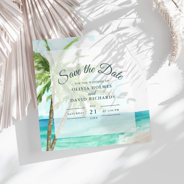 Boho Coastal Strandbröllop Save the Date Spara Datumet (Boho Coastal Seaside Beach Wedding Save the Date on sunny white table with dry palm leaf.)