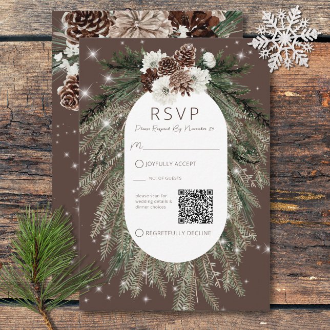 Boho Cocoa Gräs Winter Gnistra QR-kod OSA Kort (Boho Cocoa Pine Winter Sparkle QR Code RSVP Card)