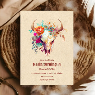 Boho Colorful Blommigt Cow Skull-Födelsedagsfest Inbjudningar