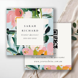 Boho Colorful Rosa Blue Painting Blommigt QR-kod Fyrkantigt Visitkort