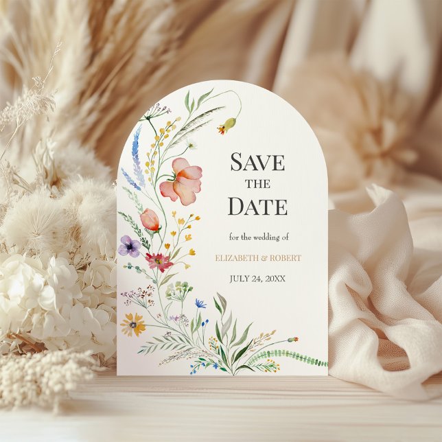 Boho Colorful WildblommArch Spara datumet Inbjudningar (Boho Colorful Wildflowers Arch Save the Date Invitation on a white floral boho wedding table.)