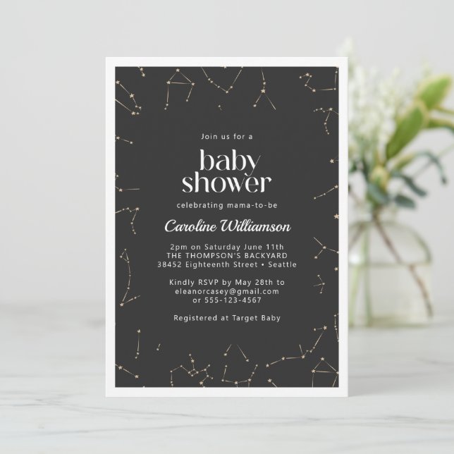 Boho Constellations Stars Black Guld Baby Shower Inbjudningar (Stående Fram)
