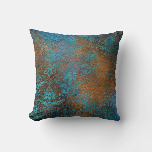 Boho Copper Blue Blommigt Damask Grunge Kudde (Framsida)