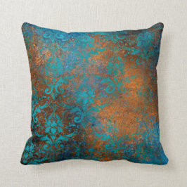 Boho Copper Blue Blommigt Damask Grunge Kudde
