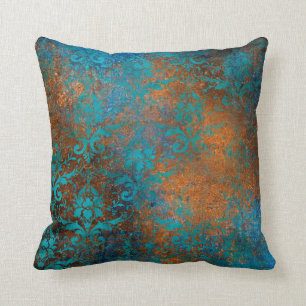 Boho Copper Blue Blommigt Damask Grunge Kudde