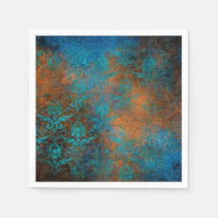 Boho Copper Blue Blommigt Damask Grunge Pappersservett