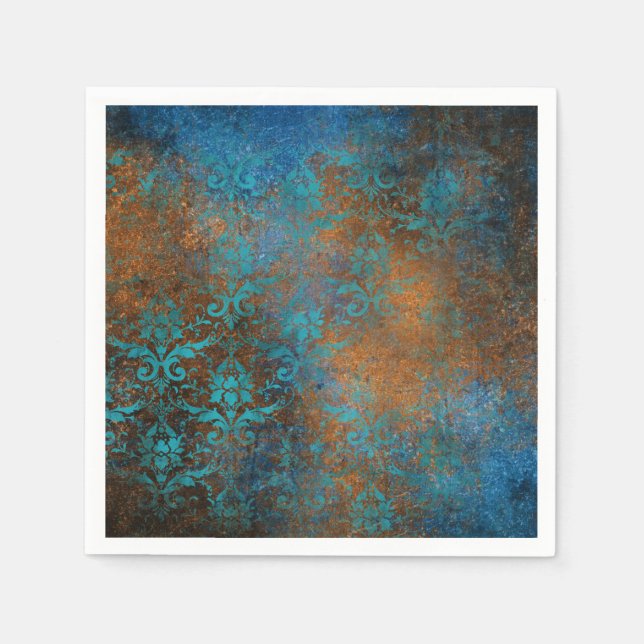 Boho Copper Blue Blommigt Damask Grunge Pappersservett (Framsidan)