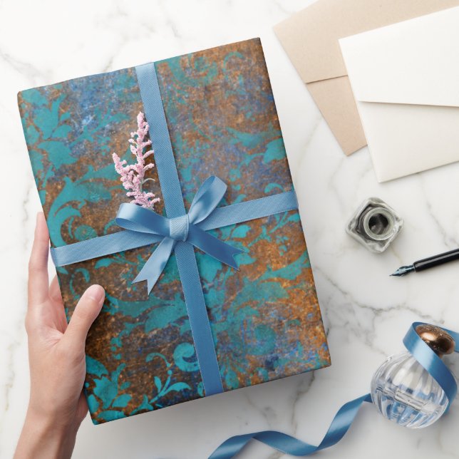 Boho Copper Blue Blommigt Damask Grunge Presentpapper (Gifting)