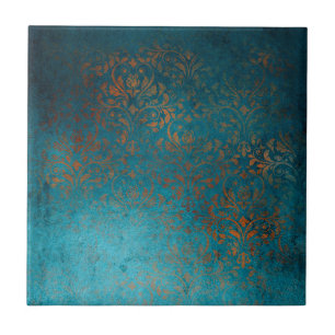 Boho Copper Blue Damask Grunge Kakelplatta