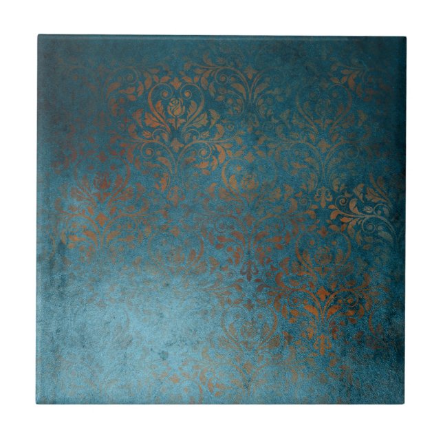 Boho Copper Blue Damask Grunge Kakelplatta (Framsidan)