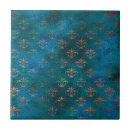 Boho Copper Blue Grunge Heraldic Blommigt Kakelplatta