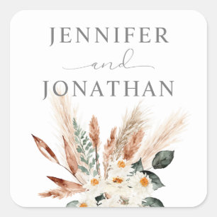Boho Copper Löv Pampas Grass & Beige Blommigt Fyrkantigt Klistermärke