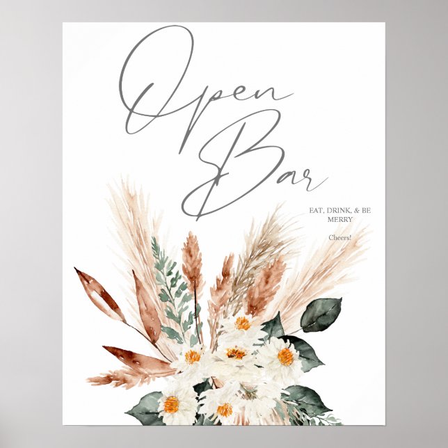 Boho Copper Pampas & Beige Blommigt Open Pub Sign  Poster (Framsidan)
