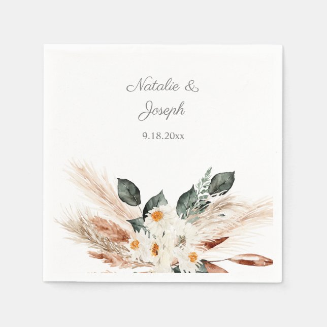 Boho Copper Pampas & Beige Blommigt - vita blöjor Pappersservett (Framsidan)