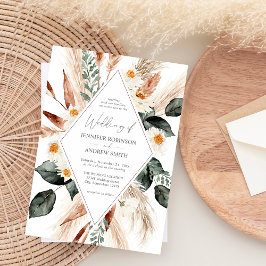 Boho Copper Pampas Grass & Beige Blommigt Bröllop Inbjudningar