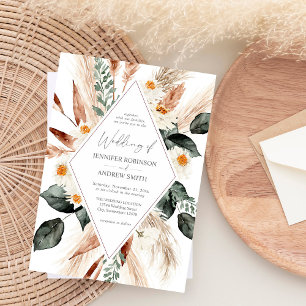 Boho Copper Pampas Grass & Beige Blommigt Bröllop Inbjudningar
