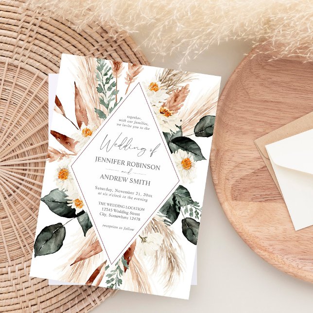 Boho Copper Pampas Grass & Beige Blommigt Bröllop Inbjudningar (Skapare uppladdad)