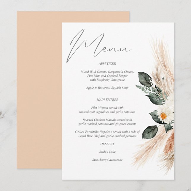 Boho Copper Pampas Grass & Beige Blommigt Menu Inv Inbjudningar (Fram/baksida)