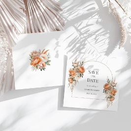 Boho Coral och Peach Dry Blommigt Arch Spara datum Inbjudningar