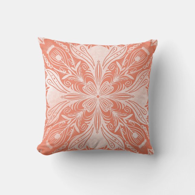 Boho Coral och White Mandala Dekorativ kudde (Framsida)