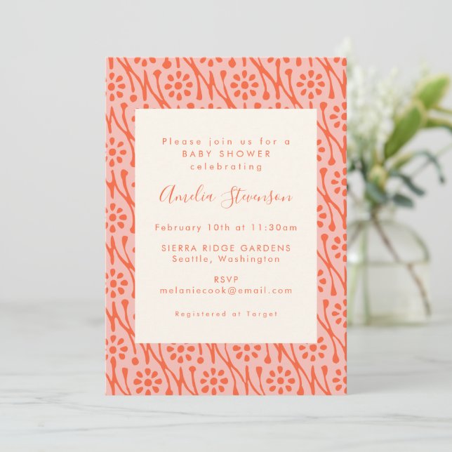 Boho Coral Orange Botanical Flowers Baby Shower Inbjudningar (Stående Fram)
