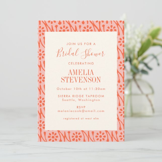 Boho Coral Orange Botanical Flowers Möhippa Inbjudningar (Stående Fram)