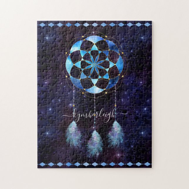 Boho Cosmic Blue Space Mandala Dreamcatcher Namn Pussel (Vertikal)