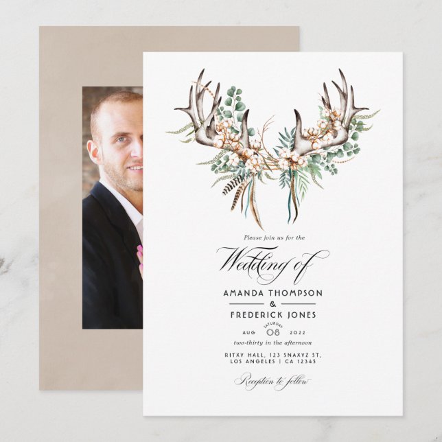 Boho Cotton och Eucalyptus Boho Bröllop Photo Inbjudningar (Fram/baksida)