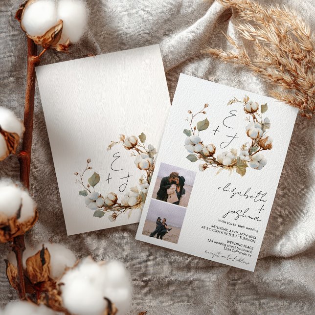 Boho Cotton Wandeans Foto Rustic Initialer Bröllop Inbjudningar (Boho Cotton Wreath Photo Rustic Initials Wedding Invitation)