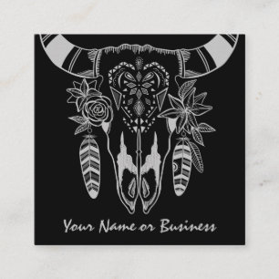 Boho Cow Skull Black and White Bohemian Fyrkantigt Visitkort
