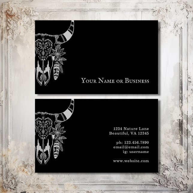 Boho Cow Skull Black and White Bohemian Visitkort (Boho Cow Skull Black and White Bohemian Business Card)