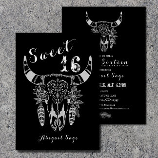 Boho Cow Skull Black and White Sweet 16 Birthday Inbjudningar