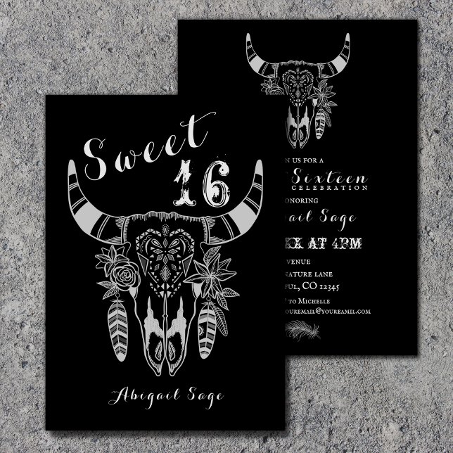 Boho Cow Skull Black and White Sweet 16 Birthday Inbjudningar (Skapare uppladdad)