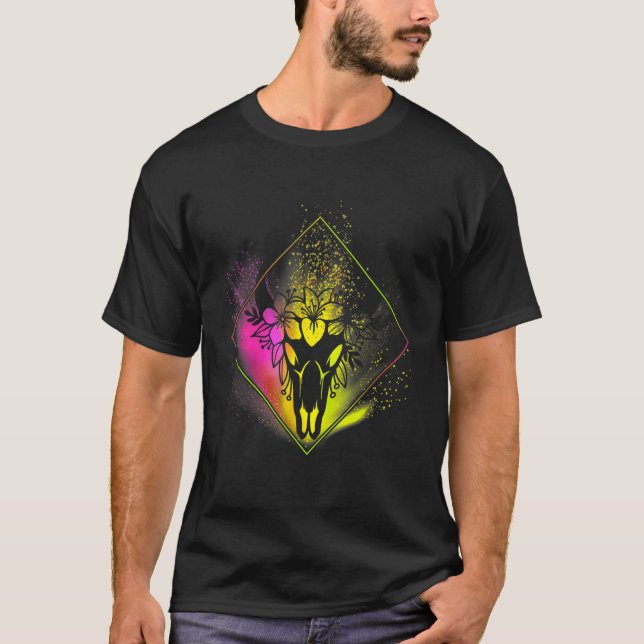 Boho Cow Skull Flowers Diamond Rosa och Gult SPL T Shirt (Framsida)