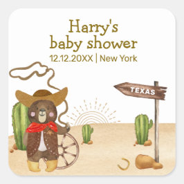 Boho Cowboy Bear Western Rodeo Cactus Baby Shower Fyrkantigt Klistermärke