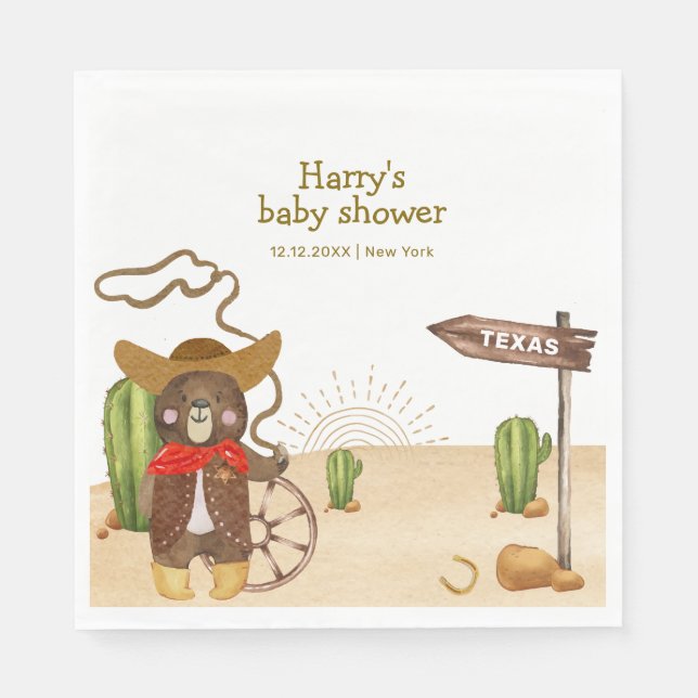 Boho Cowboy Bear Western Rodeo Cactus Baby Shower Pappersservett (Framsidan)