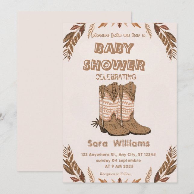 Boho Cowboy Boots baby shower inbjudan (Fram/baksida)