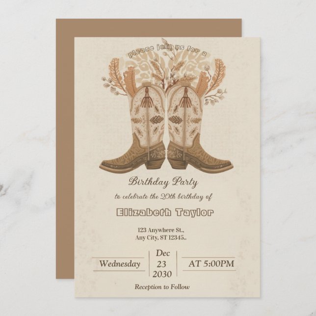 Boho Cowboy Boots Party invitation Inbjudningar (Fram/baksida)