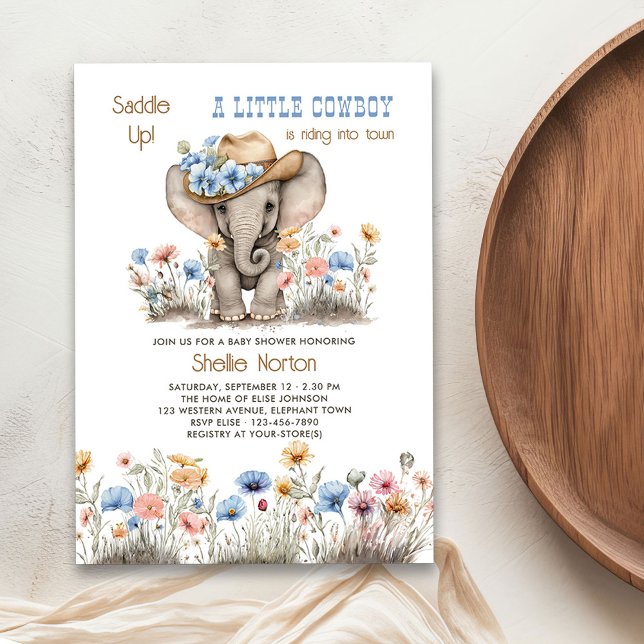 Boho Cowboy Elephant med Wildblommor Baby Shower Inbjudningar (Little Cowboy invitation from the Boho Elephant Baby Shower Collection by Darling & May)