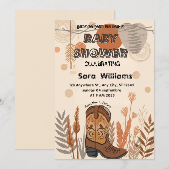 Boho Cowboy Stövlar baby shower inbjudan (Fram/baksida)